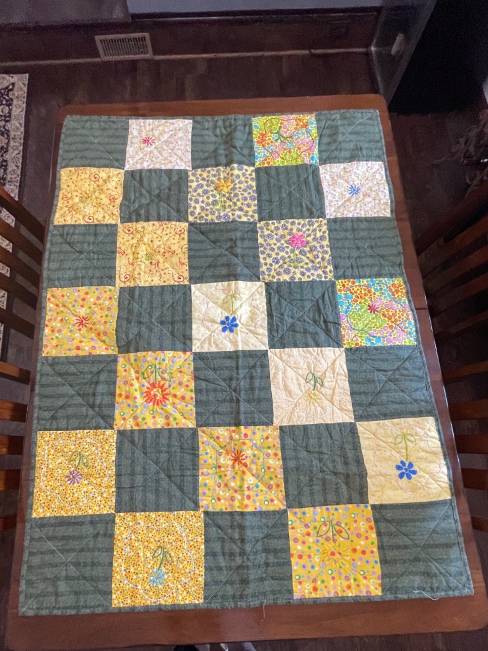 Handmade Quilt Whimsical Colorful Hand Embroidered Lap Child